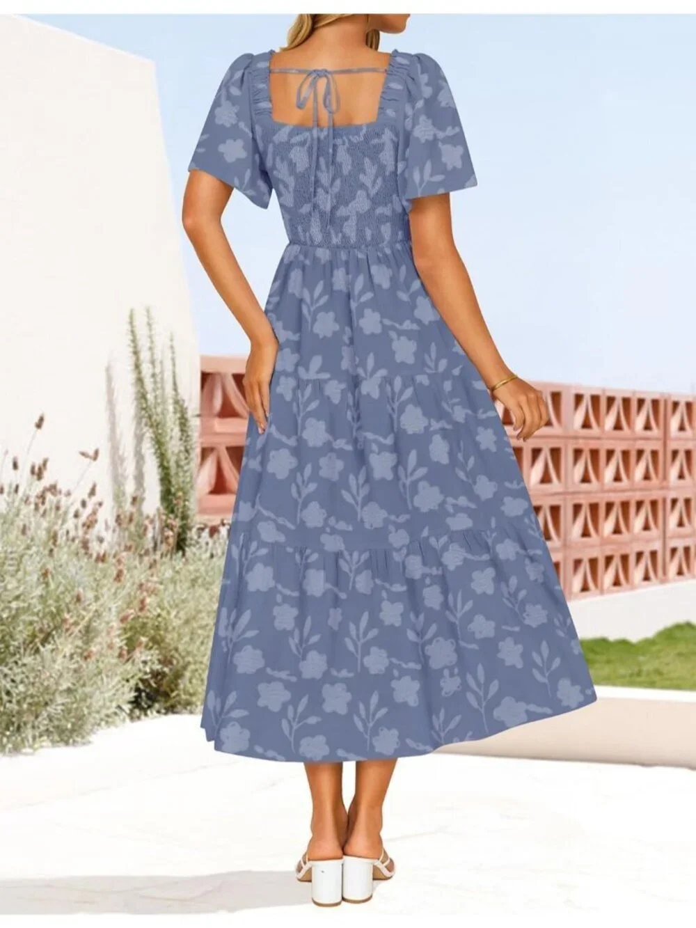 Women‘s Summer Floral Midi Dress Dusty Blue Short Sleeve Square Neck Flowy Beach